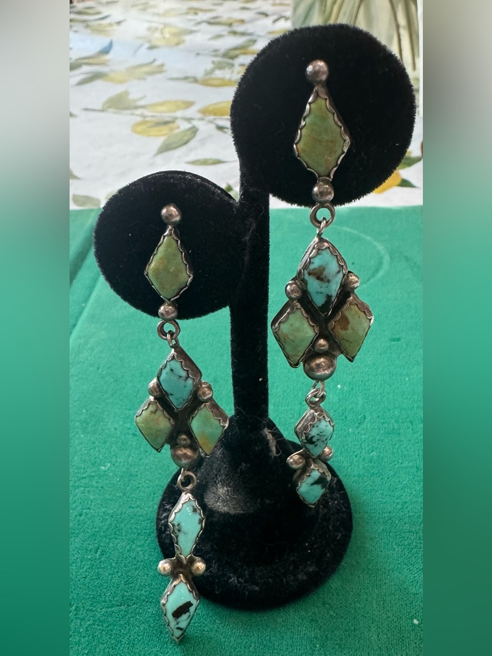 Turquoise Sterling Earrings Signed L Chavez Earrings - Green/Blue Stone